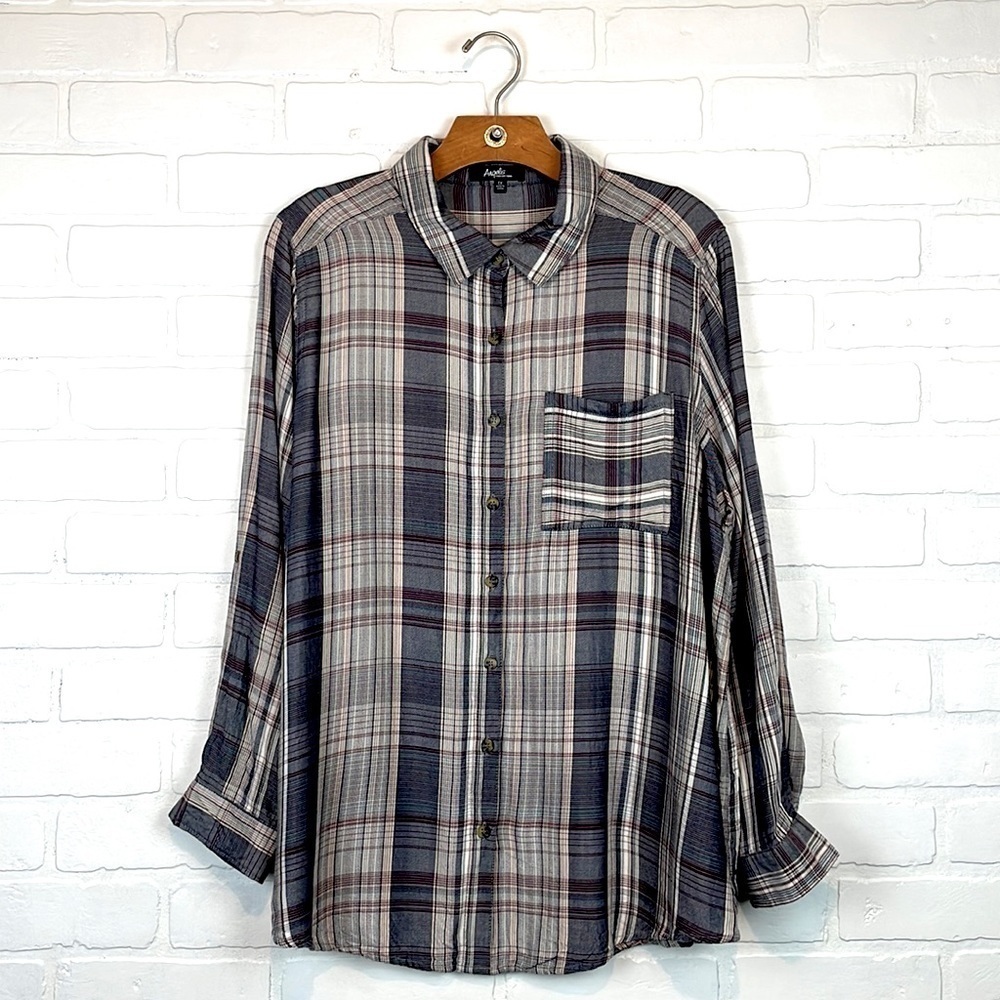 Angels Longline Tunic Plaid Button Down Shirt Blouse 1X
